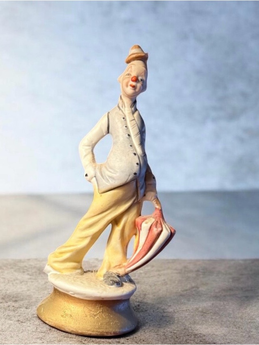 Vintage~1970s~Capodimonte Vietasca Bisque Porcelain Clown Figurine With Umbrella